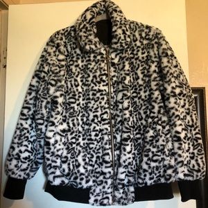 Snow Leopard Faux Fur Bomber Jacket :: Size XL